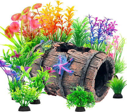 CousDUoBe Fish Broken Barrel Decor Fish Tank Decorations Betta Fish Tank Accessories,Starfish Barrel x 1pc, Aquarium Plants x 8pcs