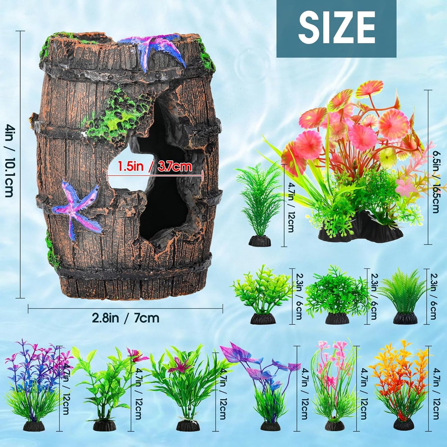 CousDUoBe Fish Broken Barrel Decor Fish Tank Decorations Betta Fish Tank Accessories,Starfish Barrel x 1pc, Aquarium Plants x 8pcs