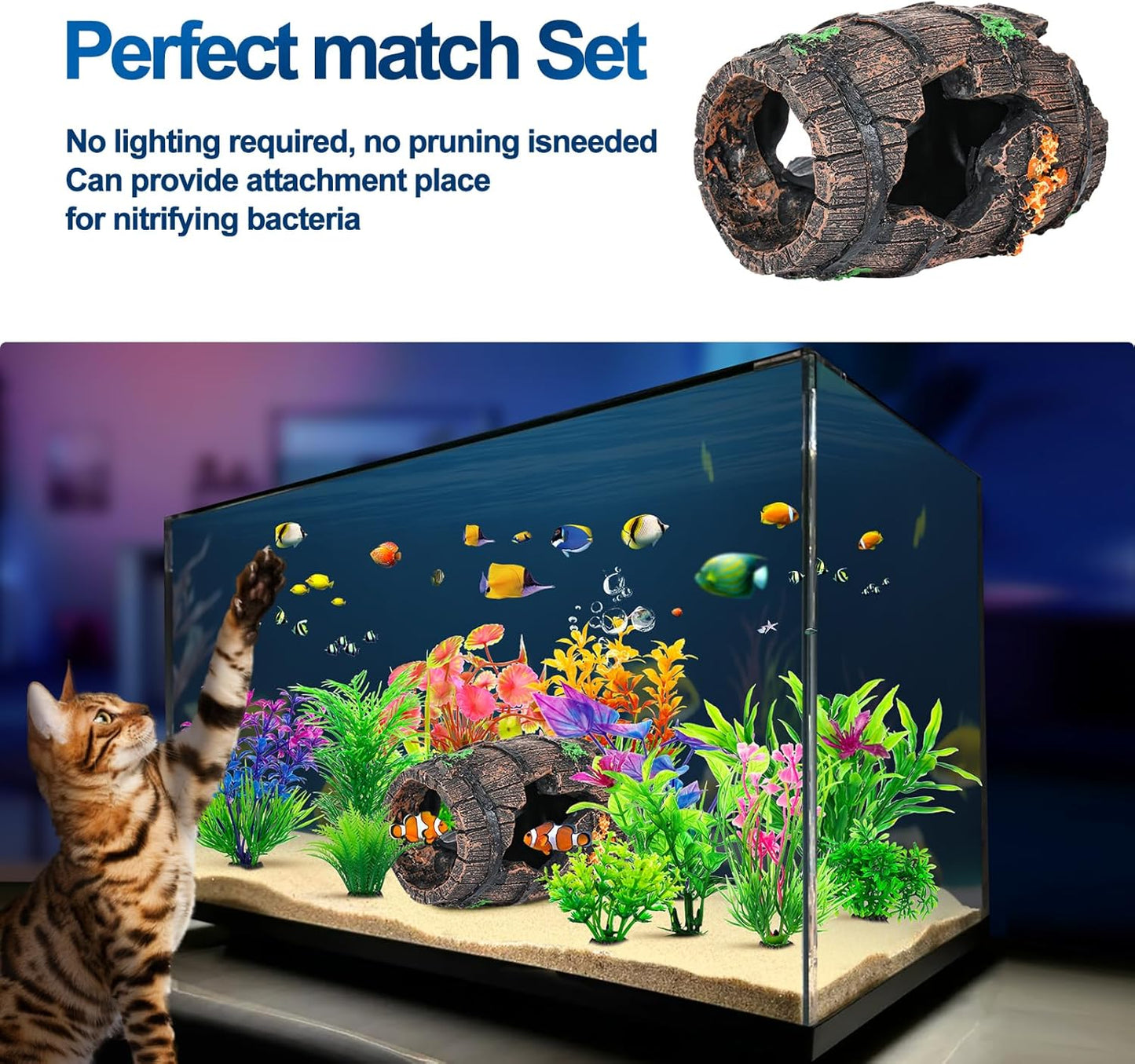 CousDUoBe Fish Broken Barrel Decor Fish Tank Decorations Betta Fish Tank Accessories,Starfish Barrel x 1pc, Aquarium Plants x 8pcs