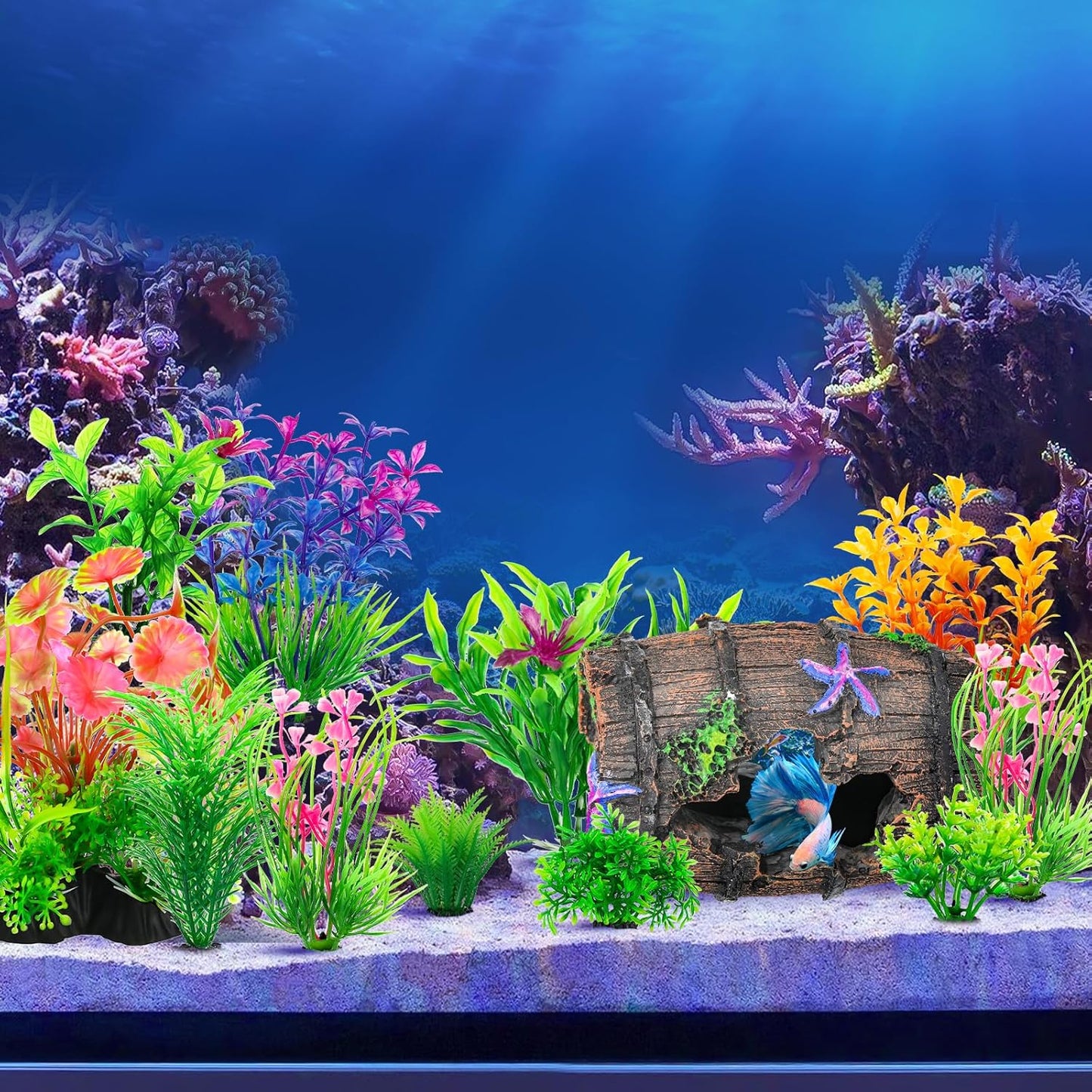 CousDUoBe Fish Broken Barrel Decor Fish Tank Decorations Betta Fish Tank Accessories,Starfish Barrel x 1pc, Aquarium Plants x 8pcs