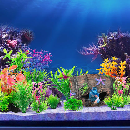 CousDUoBe Fish Broken Barrel Decor Fish Tank Decorations Betta Fish Tank Accessories,Starfish Barrel x 1pc, Aquarium Plants x 8pcs