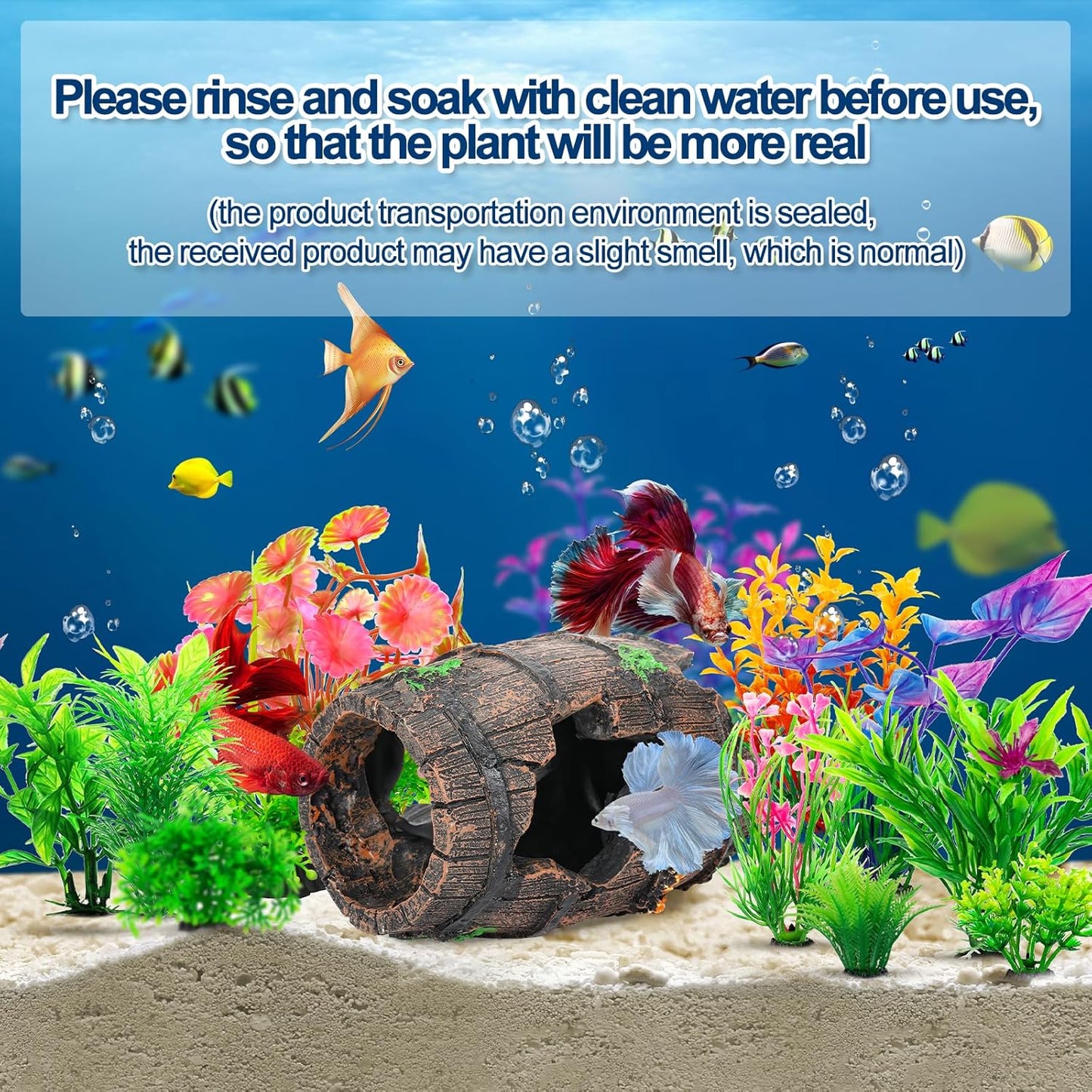 CousDUoBe Fish Broken Barrel Decor Fish Tank Decorations Betta Fish Tank Accessories,Starfish Barrel x 1pc, Aquarium Plants x 8pcs