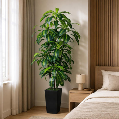 7FT Artificial Dracaena Tree, Fake Tree Indoor with Black Tall Planter,Tall Artificial Plants Indoor,Artificial Silk Tree for Home Office Decor (Black)