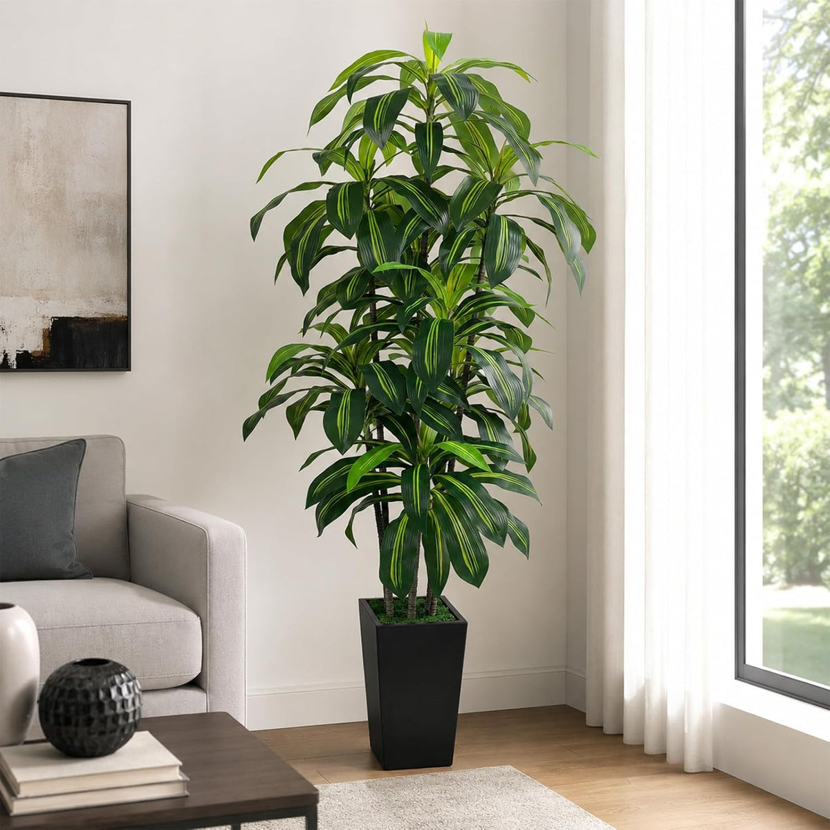 7FT Artificial Dracaena Tree, Fake Tree Indoor with Black Tall Planter,Tall Artificial Plants Indoor,Artificial Silk Tree for Home Office Decor (Black)