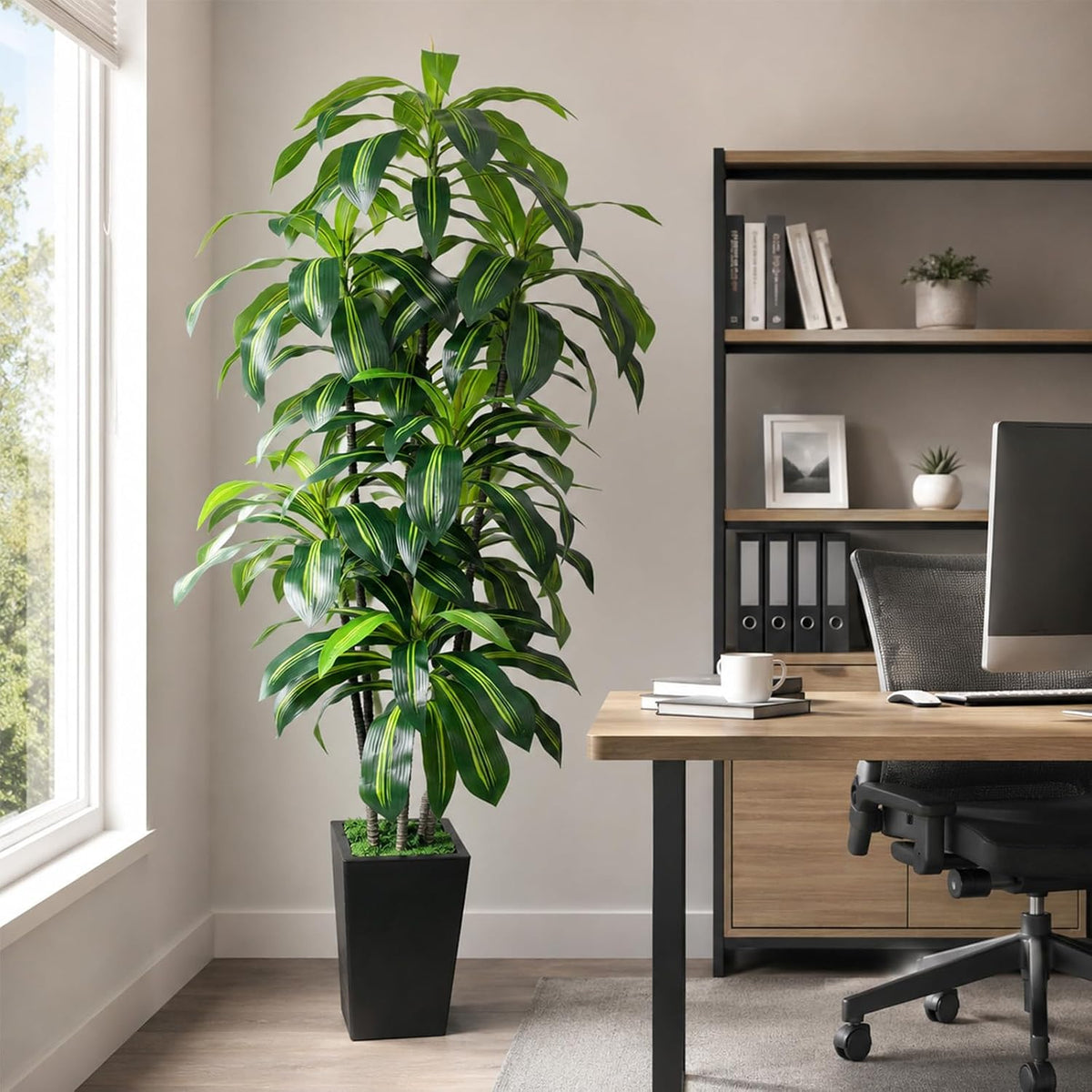 7FT Artificial Dracaena Tree, Fake Tree Indoor with Black Tall Planter,Tall Artificial Plants Indoor,Artificial Silk Tree for Home Office Decor (Black)