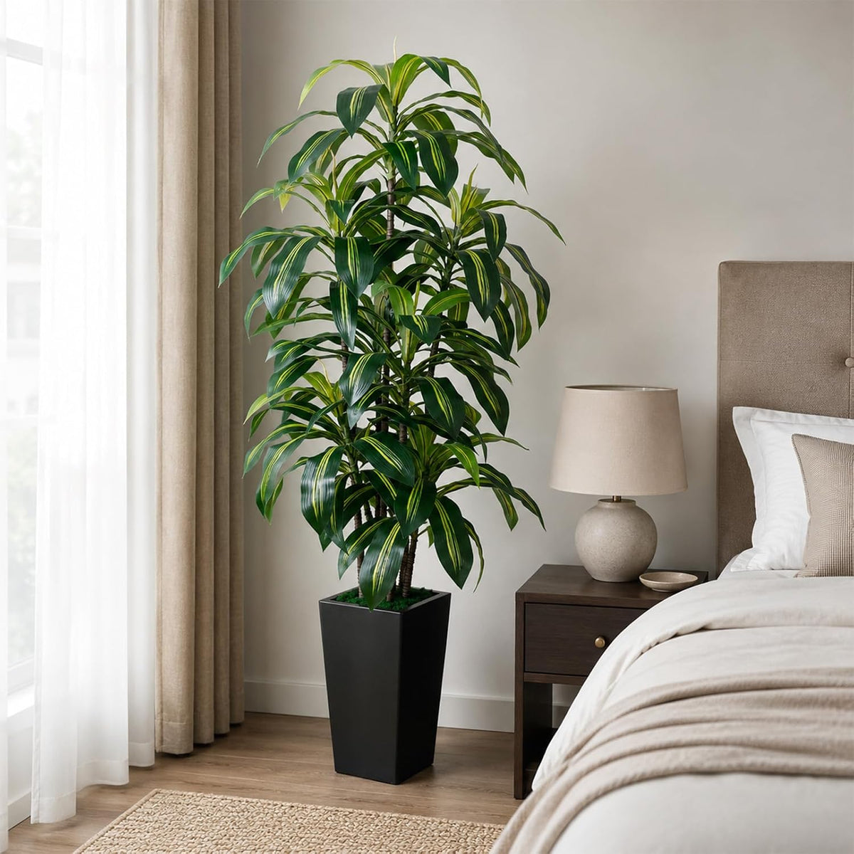7FT Artificial Dracaena Tree, Fake Tree Indoor with Black Tall Planter,Tall Artificial Plants Indoor,Artificial Silk Tree for Home Office Decor (Black)
