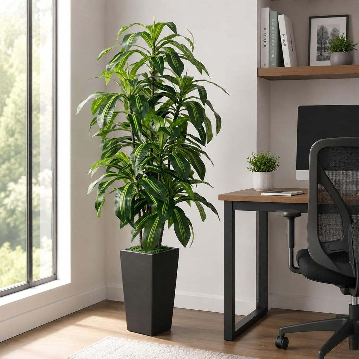 7FT Artificial Dracaena Tree, Fake Tree Indoor with Black Tall Planter,Tall Artificial Plants Indoor,Artificial Silk Tree for Home Office Decor (Black)