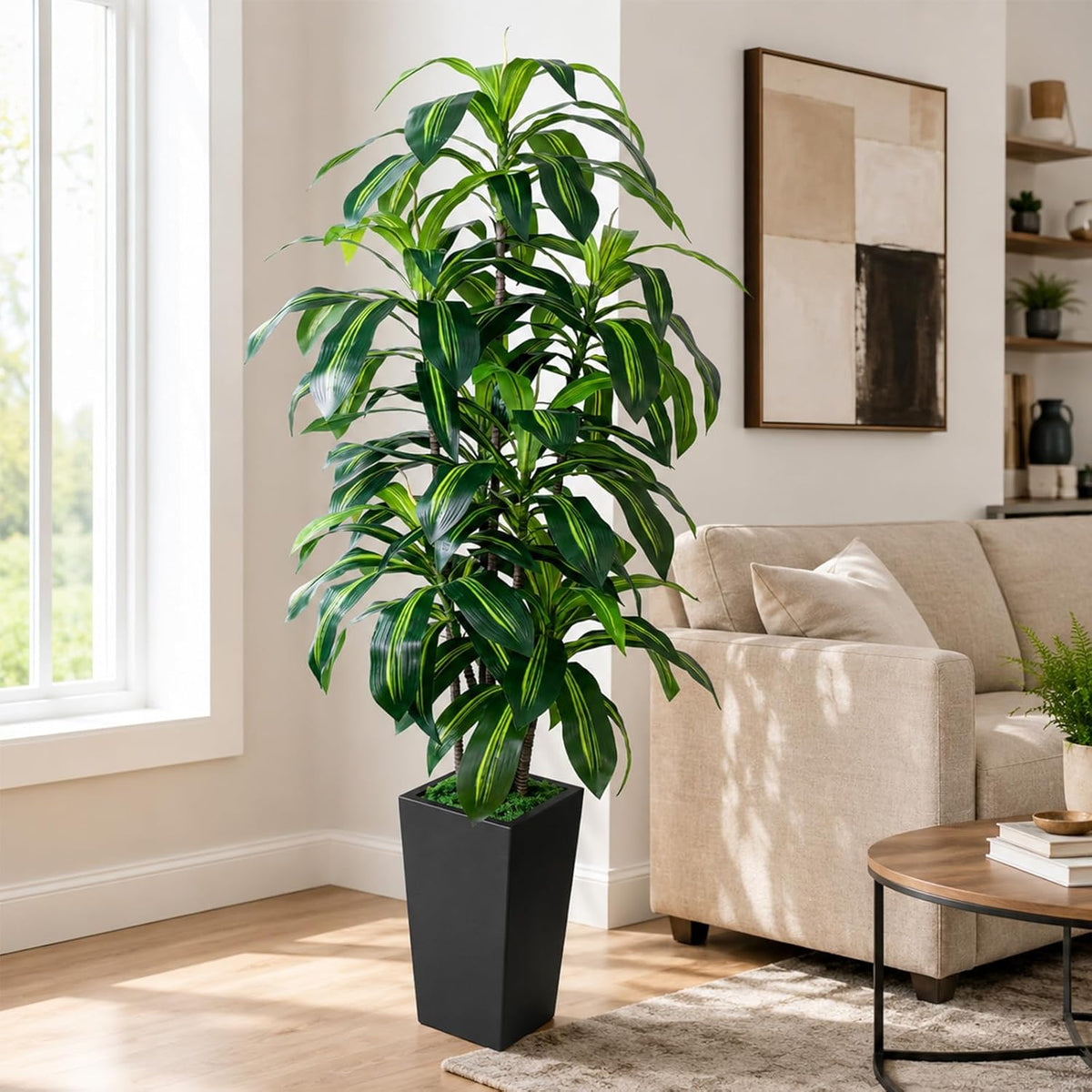 7FT Artificial Dracaena Tree, Fake Tree Indoor with Black Tall Planter,Tall Artificial Plants Indoor,Artificial Silk Tree for Home Office Decor (Black)