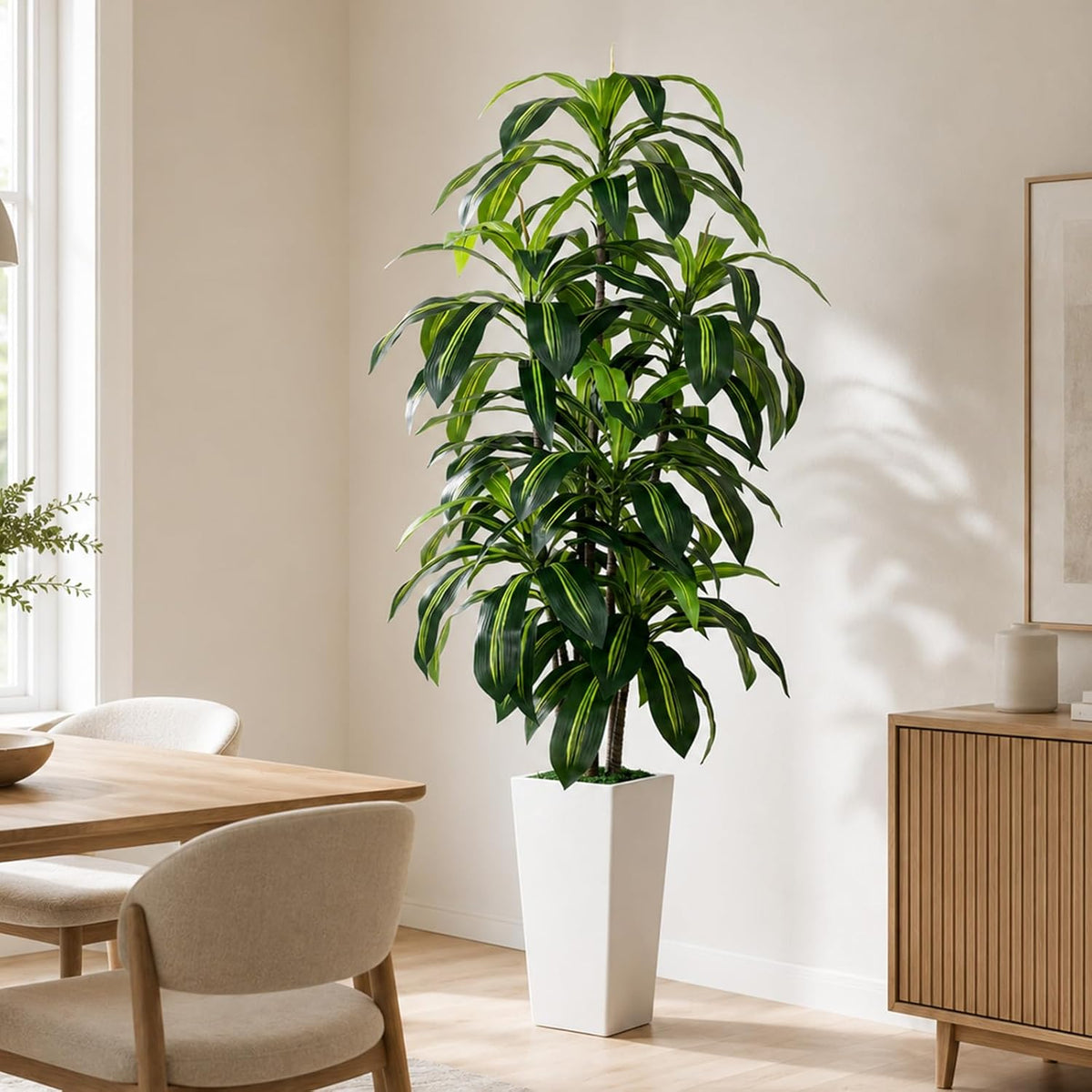7FT Artificial Dracaena Tree, Fake Tree Indoor with Black Tall Planter,Tall Artificial Plants Indoor,Artificial Silk Tree for Home Office Decor (Black)