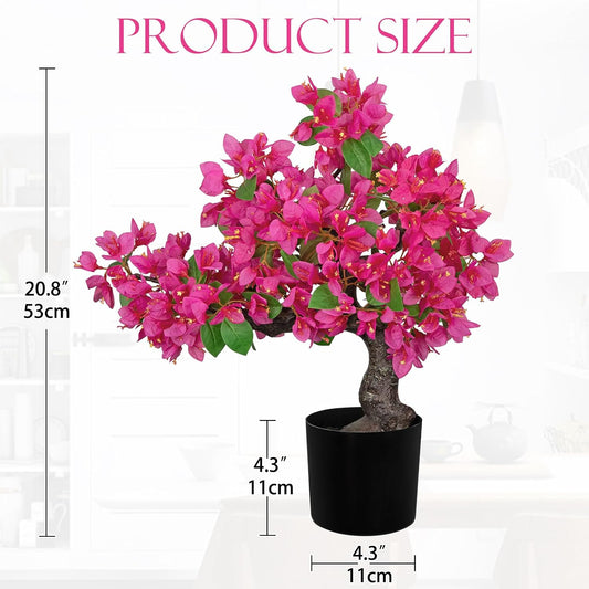 Artificial Bougainvillea Bonsai Tree 18.5" Silk Bougainvillea Plant with Blue Pot Fake Bougainvillea Floral Tree for Home Office Room Desk Shelf Zen Décor(Purple)