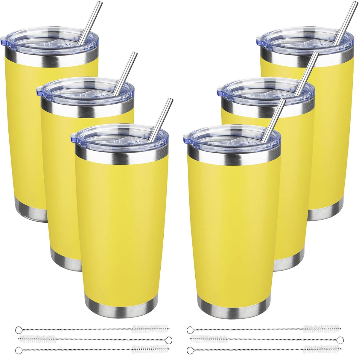 20 oz Tumbler with Lids and Straws, Stainless Steel Insulated Travel Coffee Mug, Double Wall Vacuum Insulated Tumblers, Powder Coated Coffee Tumbler for Cold & Hot Drinks (Yellow)