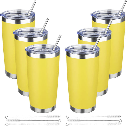 20 oz Tumbler with Lids and Straws, Stainless Steel Insulated Travel Coffee Mug, Double Wall Vacuum Insulated Tumblers, Powder Coated Coffee Tumbler for Cold & Hot Drinks (Yellow)