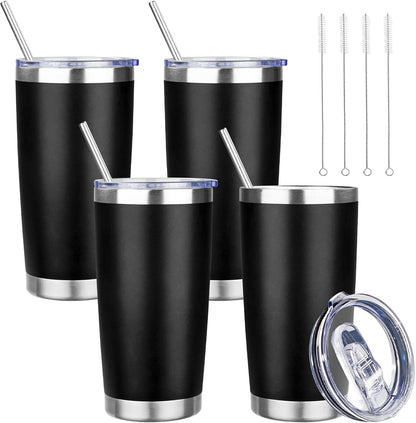 20 oz Tumbler with Lids and Straws, Stainless Steel Insulated Travel Coffee Mug, Double Wall Vacuum Insulated Tumblers, Powder Coated Coffee Tumbler for Cold & Hot Drinks (Yellow)