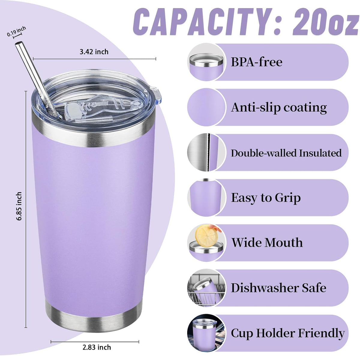 20 oz Tumbler with Lids and Straws, Stainless Steel Insulated Travel Coffee Mug, Double Wall Vacuum Insulated Tumblers, Powder Coated Coffee Tumbler for Cold & Hot Drinks (Yellow)