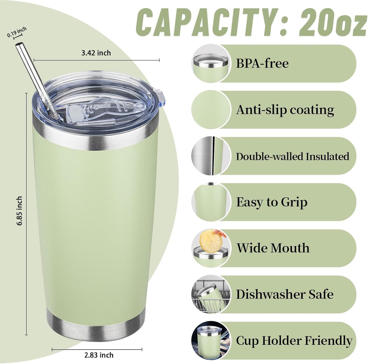 20 oz Tumbler with Lids and Straws, Stainless Steel Insulated Travel Coffee Mug, Double Wall Vacuum Insulated Tumblers, Powder Coated Coffee Tumbler for Cold & Hot Drinks (Yellow)
