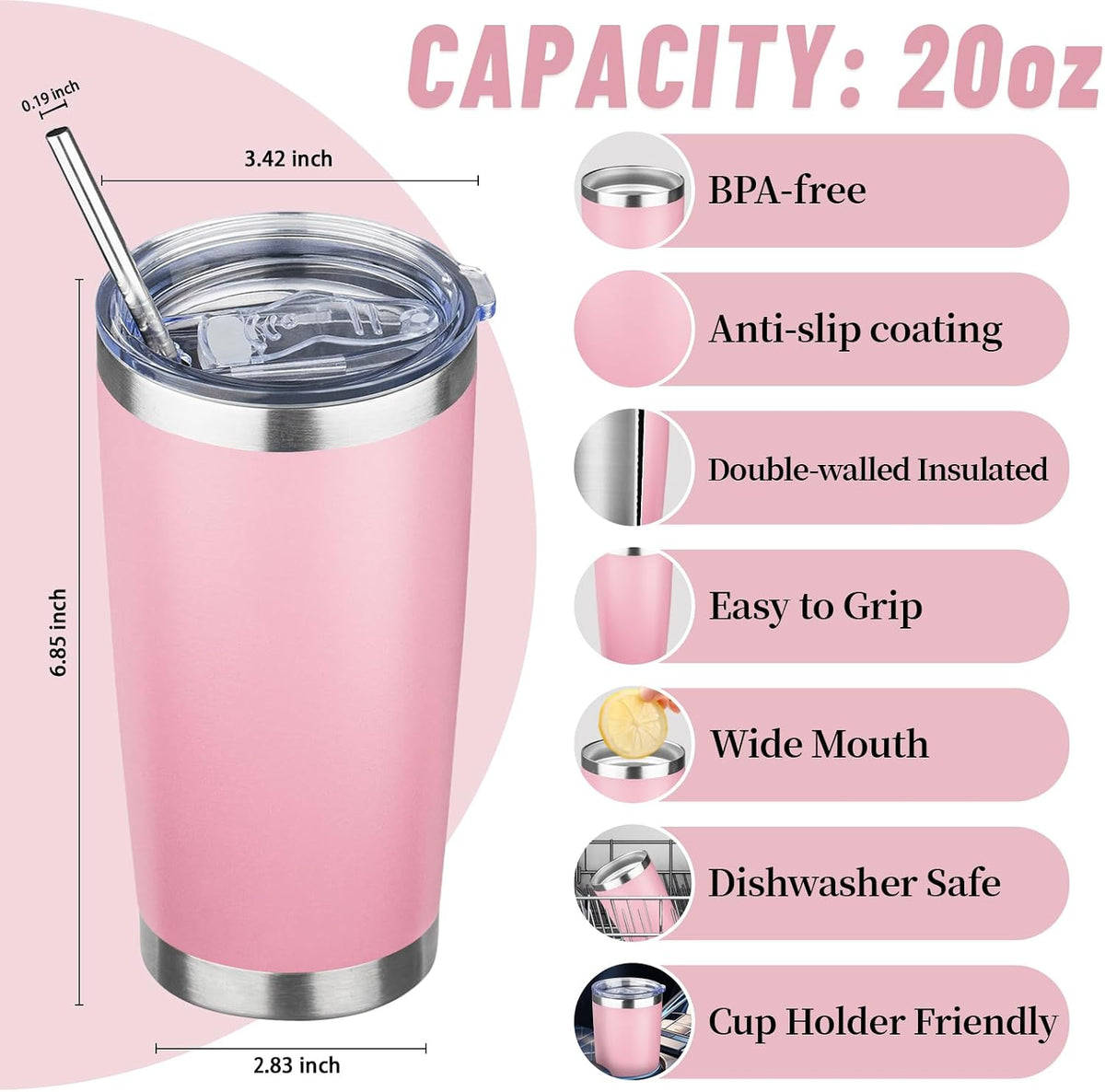 20 oz Tumbler with Lids and Straws, Stainless Steel Insulated Travel Coffee Mug, Double Wall Vacuum Insulated Tumblers, Powder Coated Coffee Tumbler for Cold & Hot Drinks (Yellow)
