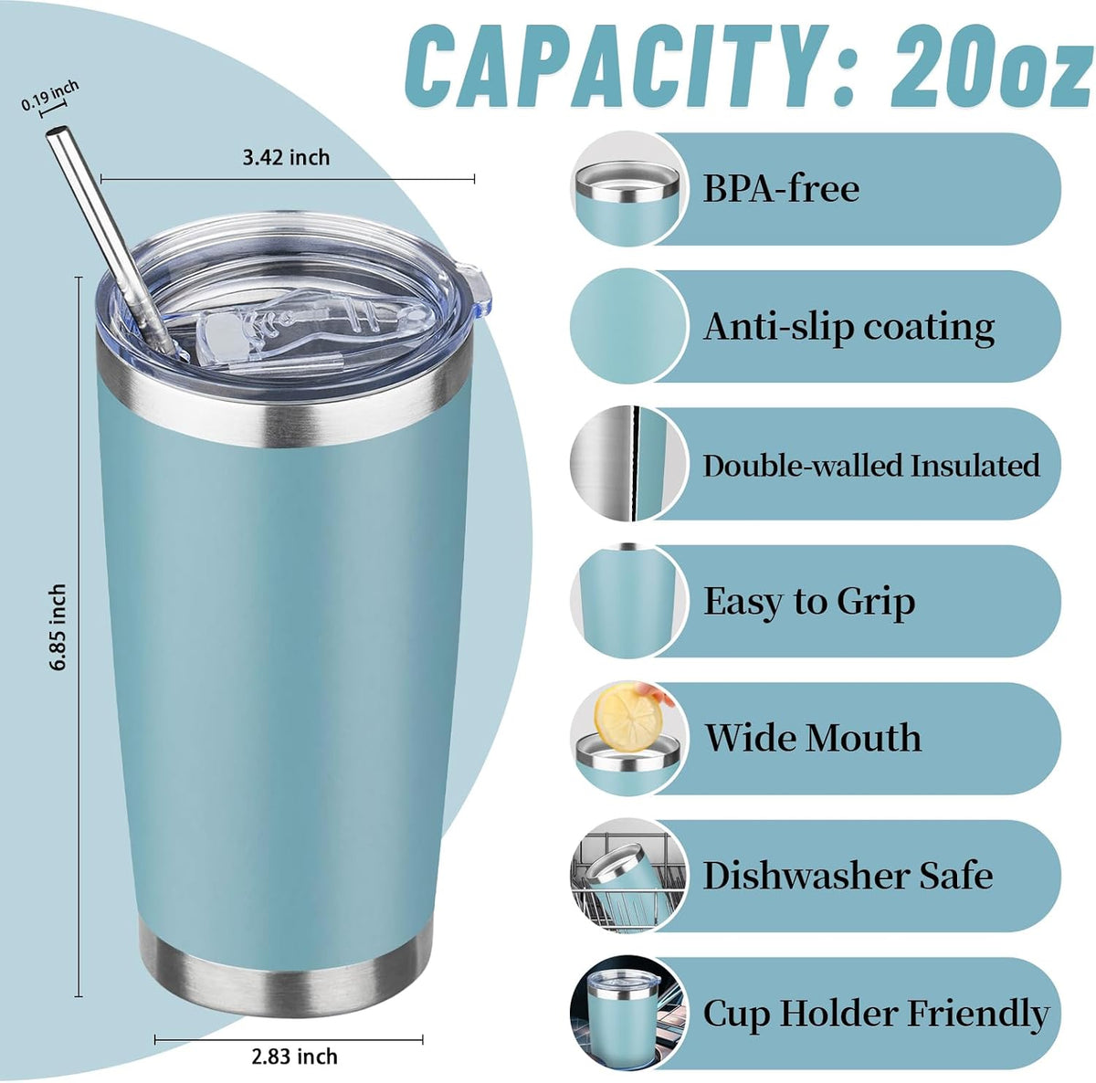 20 oz Tumbler with Lids and Straws, Stainless Steel Insulated Travel Coffee Mug, Double Wall Vacuum Insulated Tumblers, Powder Coated Coffee Tumbler for Cold & Hot Drinks (Yellow)