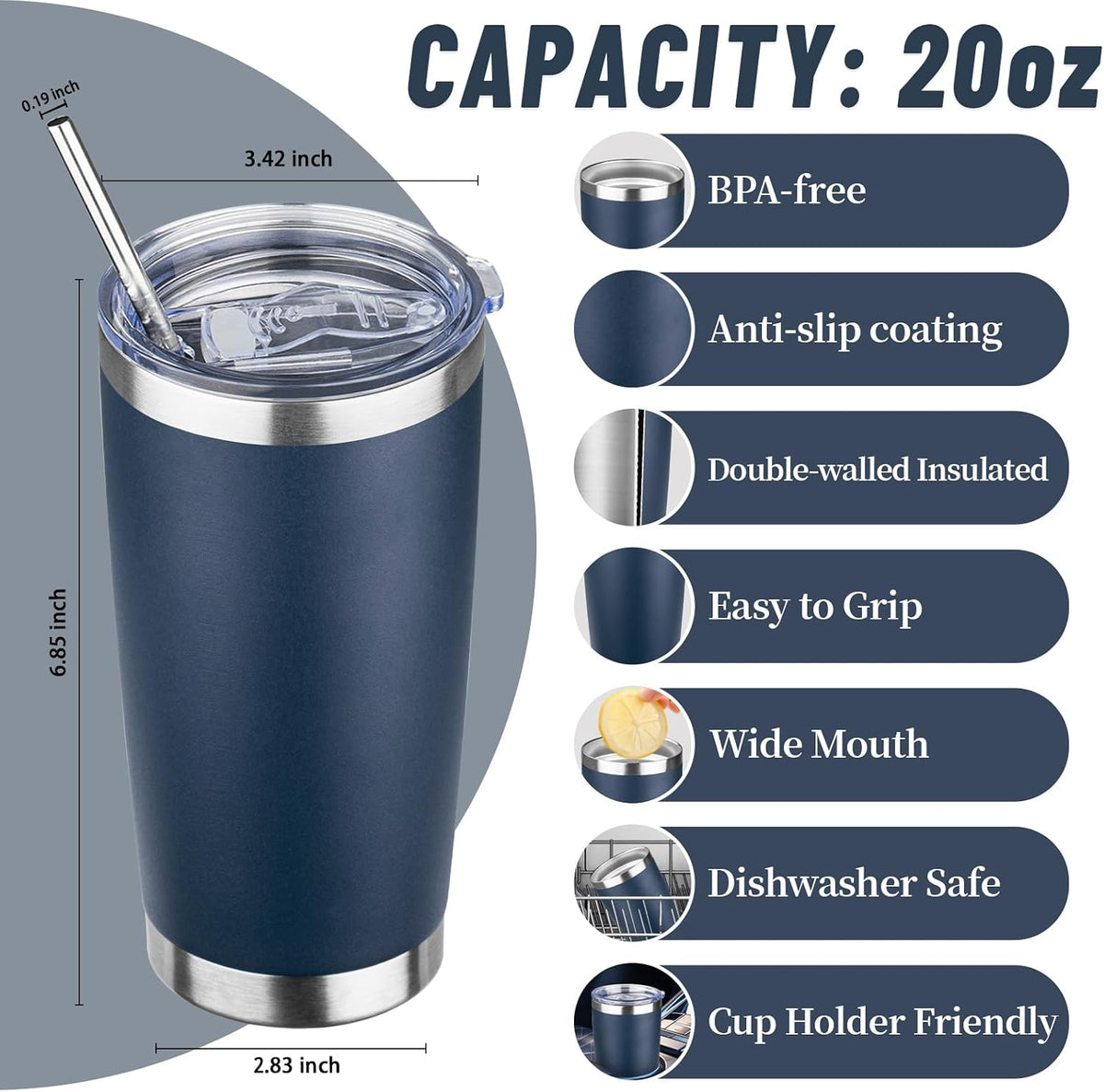20 oz Tumbler with Lids and Straws, Stainless Steel Insulated Travel Coffee Mug, Double Wall Vacuum Insulated Tumblers, Powder Coated Coffee Tumbler for Cold & Hot Drinks (Yellow)