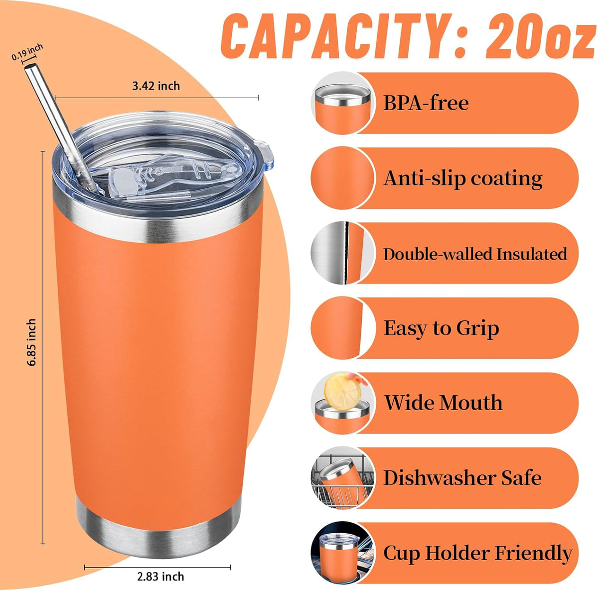 20 oz Tumbler with Lids and Straws, Stainless Steel Insulated Travel Coffee Mug, Double Wall Vacuum Insulated Tumblers, Powder Coated Coffee Tumbler for Cold & Hot Drinks (Yellow)