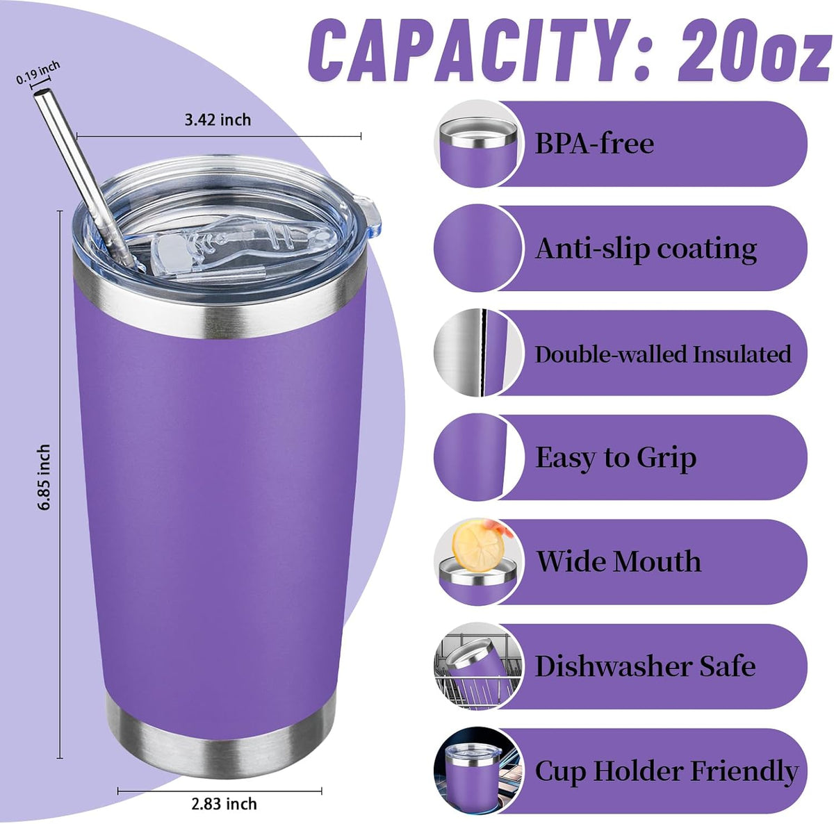 20 oz Tumbler with Lids and Straws, Stainless Steel Insulated Travel Coffee Mug, Double Wall Vacuum Insulated Tumblers, Powder Coated Coffee Tumbler for Cold & Hot Drinks (Yellow)