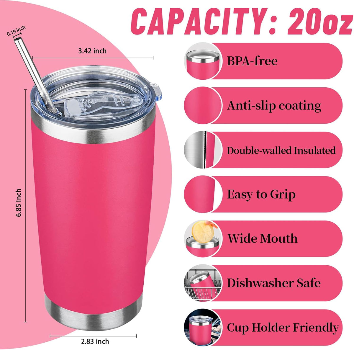 20 oz Tumbler with Lids and Straws, Stainless Steel Insulated Travel Coffee Mug, Double Wall Vacuum Insulated Tumblers, Powder Coated Coffee Tumbler for Cold & Hot Drinks (Yellow)