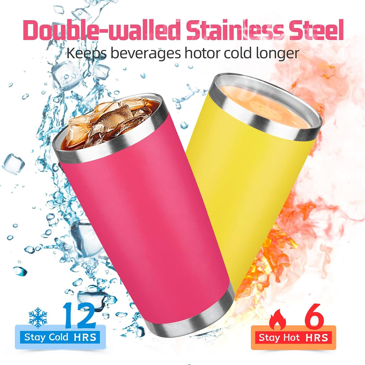 20 oz Tumbler with Lids and Straws, Stainless Steel Insulated Travel Coffee Mug, Double Wall Vacuum Insulated Tumblers, Powder Coated Coffee Tumbler for Cold & Hot Drinks (Yellow)