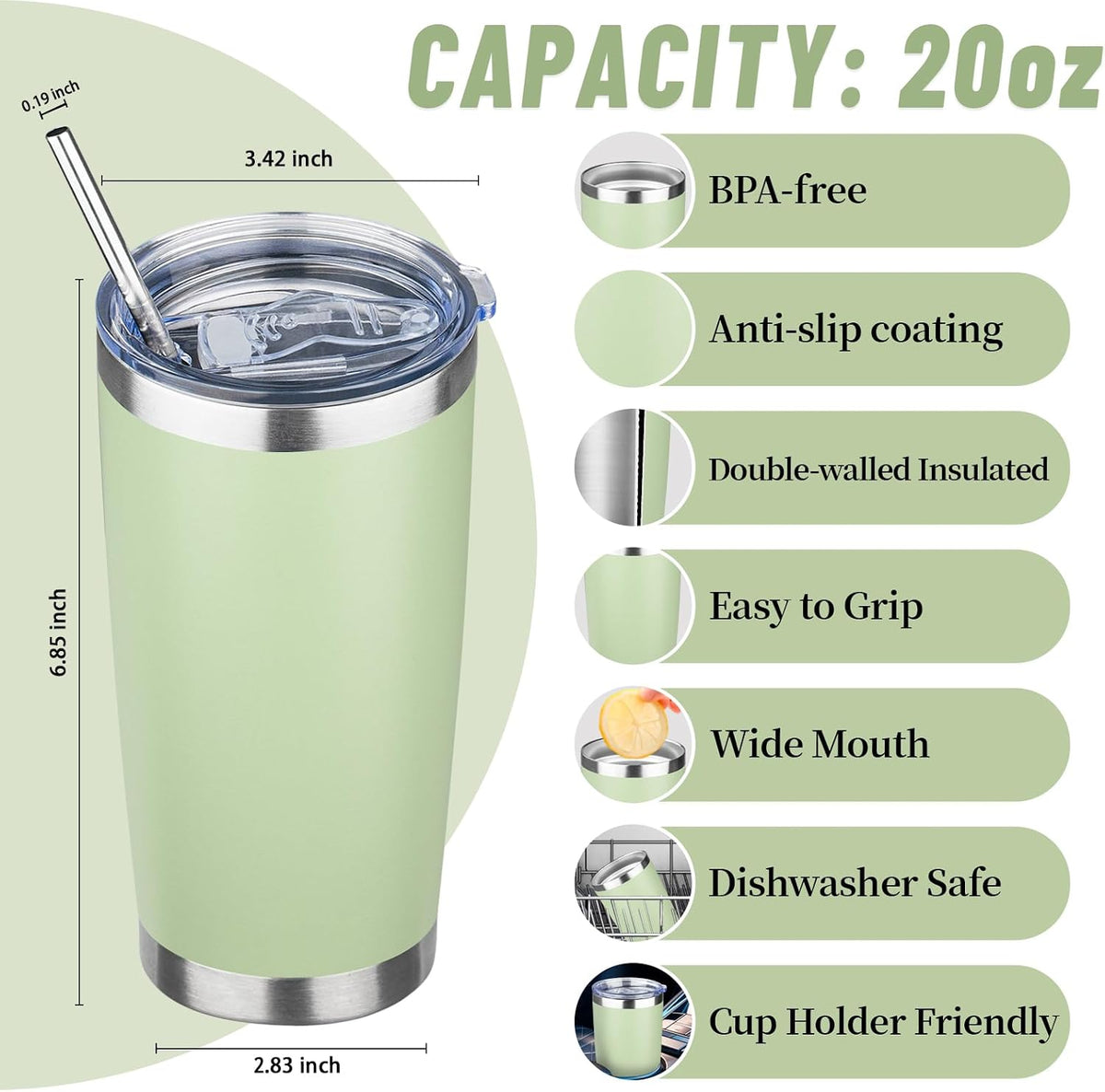 20 oz Tumbler with Lids and Straws, Stainless Steel Insulated Travel Coffee Mug, Double Wall Vacuum Insulated Tumblers, Powder Coated Coffee Tumbler for Cold & Hot Drinks (Yellow)