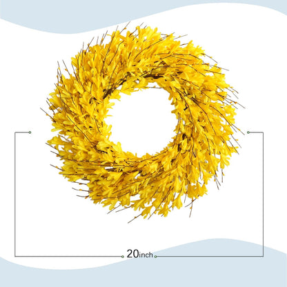 22inch Artificial Forsythia Flower Wreaths Spring Summer Fall Wreath Silk Leaves Wreath for Front Door Wreaths Porch Farmhouse Patio Garden Home Decor (Yellow)