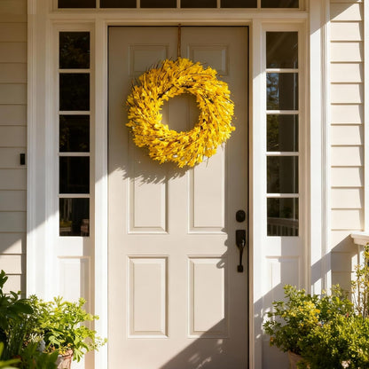 22inch Artificial Forsythia Flower Wreaths Spring Summer Fall Wreath Silk Leaves Wreath for Front Door Wreaths Porch Farmhouse Patio Garden Home Decor (Yellow)