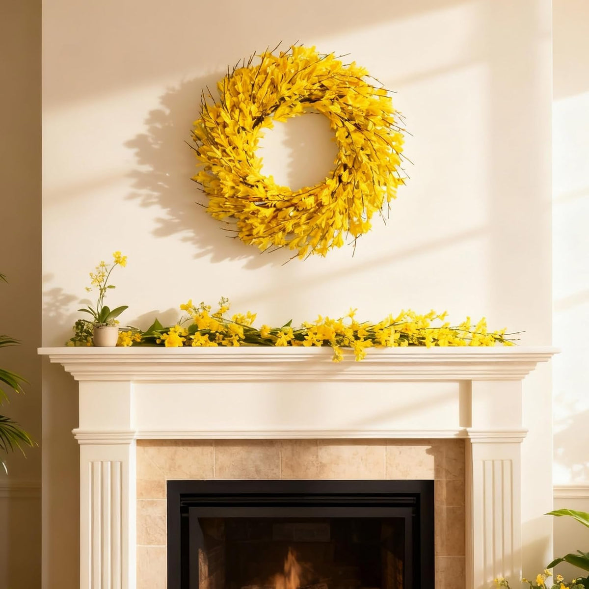 22inch Artificial Forsythia Flower Wreaths Spring Summer Fall Wreath Silk Leaves Wreath for Front Door Wreaths Porch Farmhouse Patio Garden Home Decor (Yellow)