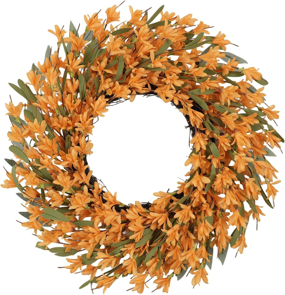 22inch Artificial Forsythia Flower Wreaths Spring Summer Fall Wreath Silk Leaves Wreath for Front Door Wreaths Porch Farmhouse Patio Garden Home Decor (Yellow)