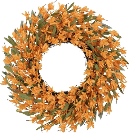 22inch Artificial Forsythia Flower Wreaths Spring Summer Fall Wreath Silk Leaves Wreath for Front Door Wreaths Porch Farmhouse Patio Garden Home Decor (Yellow)