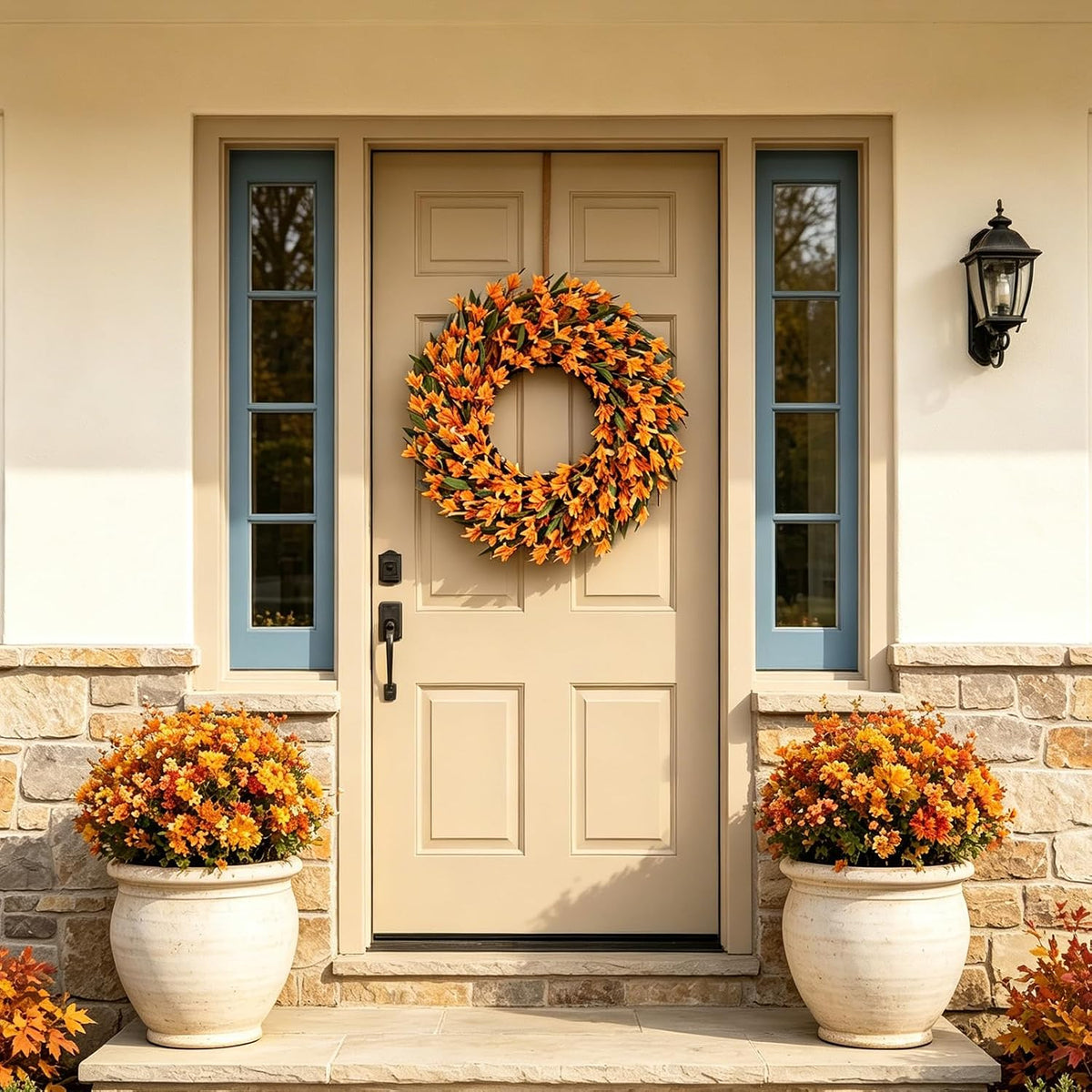22inch Artificial Forsythia Flower Wreaths Spring Summer Fall Wreath Silk Leaves Wreath for Front Door Wreaths Porch Farmhouse Patio Garden Home Decor (Yellow)