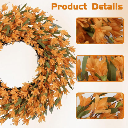 22inch Artificial Forsythia Flower Wreaths Spring Summer Fall Wreath Silk Leaves Wreath for Front Door Wreaths Porch Farmhouse Patio Garden Home Decor (Yellow)