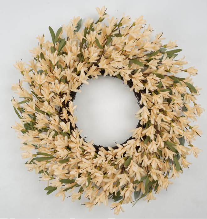 22inch Artificial Forsythia Flower Wreaths Spring Summer Fall Wreath Silk Leaves Wreath for Front Door Wreaths Porch Farmhouse Patio Garden Home Decor (Yellow)