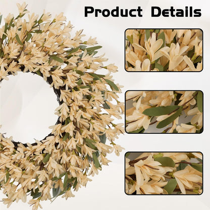 22inch Artificial Forsythia Flower Wreaths Spring Summer Fall Wreath Silk Leaves Wreath for Front Door Wreaths Porch Farmhouse Patio Garden Home Decor (Yellow)
