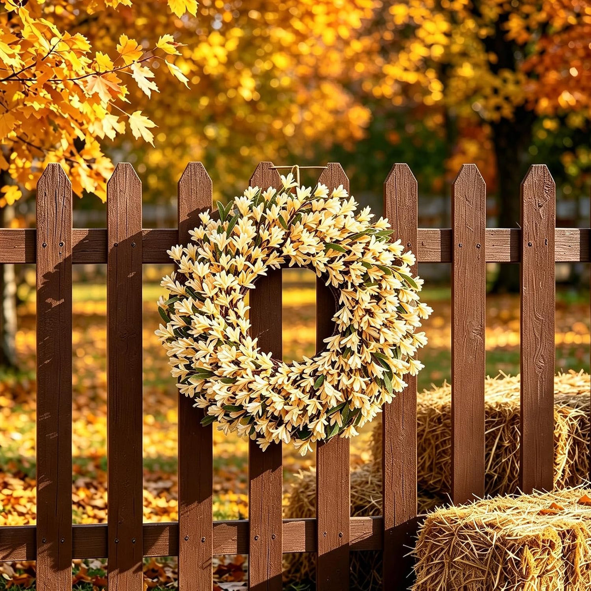 22inch Artificial Forsythia Flower Wreaths Spring Summer Fall Wreath Silk Leaves Wreath for Front Door Wreaths Porch Farmhouse Patio Garden Home Decor (Yellow)
