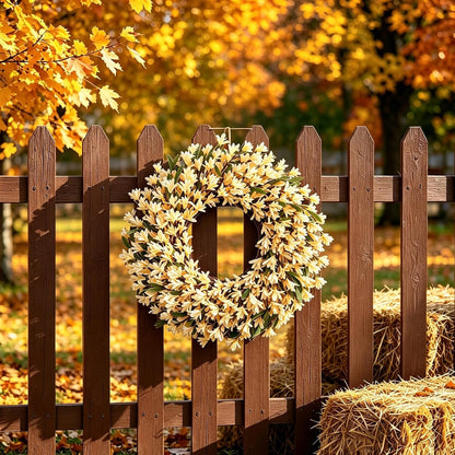 22inch Artificial Forsythia Flower Wreaths Spring Summer Fall Wreath Silk Leaves Wreath for Front Door Wreaths Porch Farmhouse Patio Garden Home Decor (Yellow)