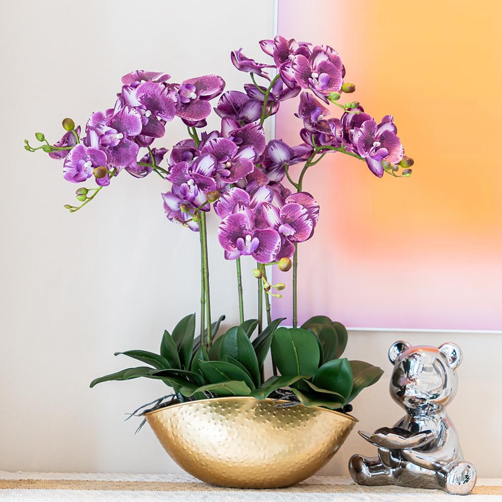 Artificial Orchid Plant, 35 Inch 4 Pcs Phalaenopsis Flowers with Leaves, Real Touch Orchid Stems for Home Decoration