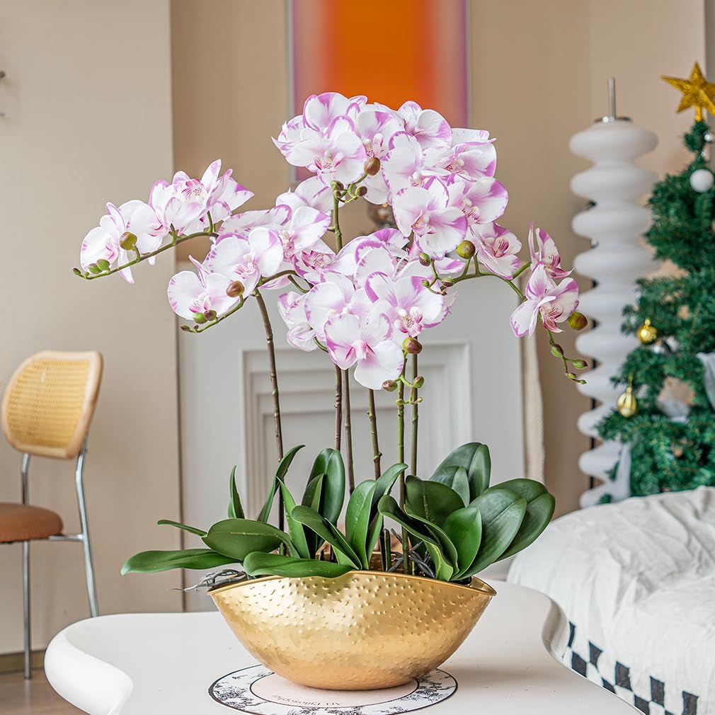 Artificial Orchid Plant, 35 Inch 4 Pcs Phalaenopsis Flowers with Leaves, Real Touch Orchid Stems for Home Decoration