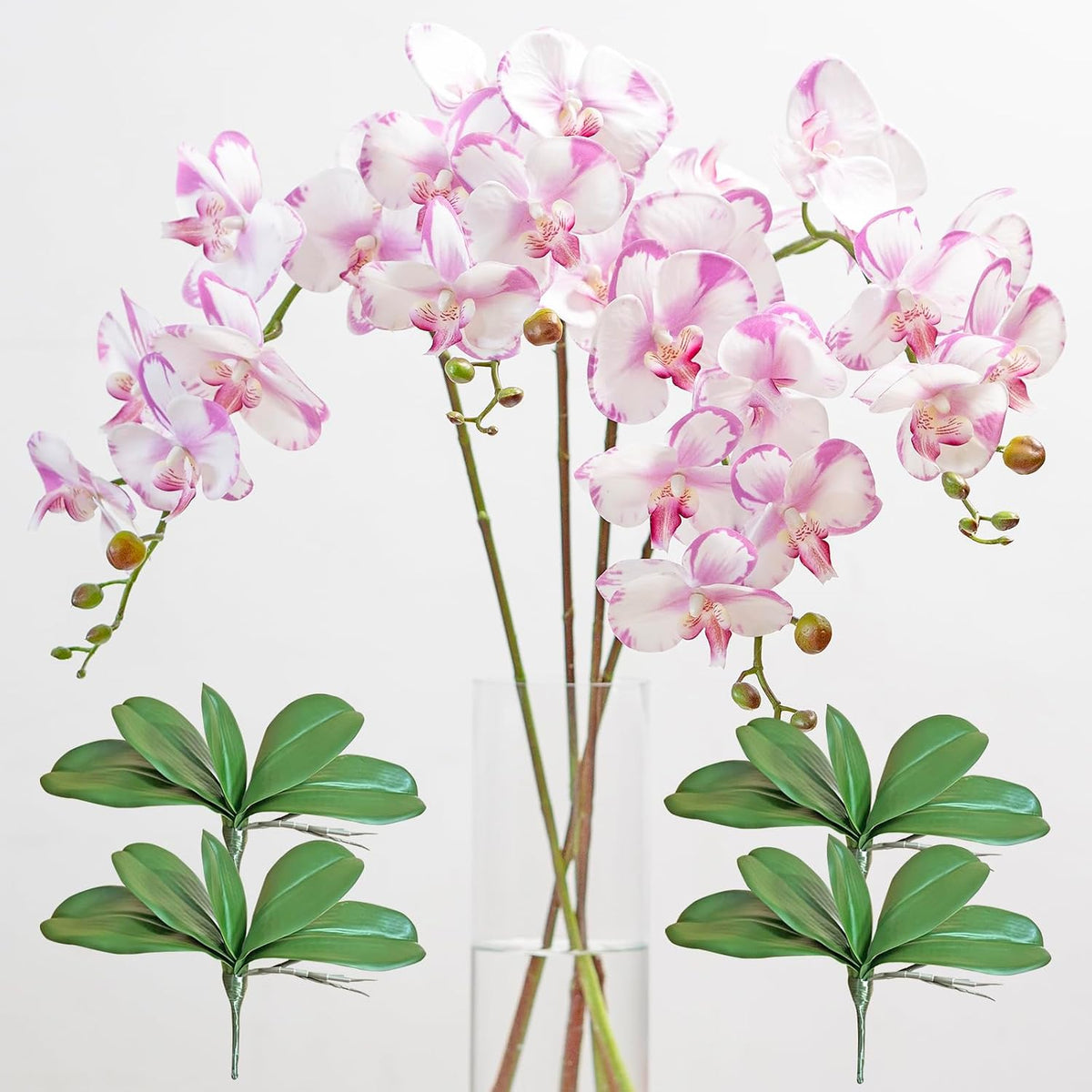 Artificial Orchid Plant, 35 Inch 4 Pcs Phalaenopsis Flowers with Leaves, Real Touch Orchid Stems for Home Decoration