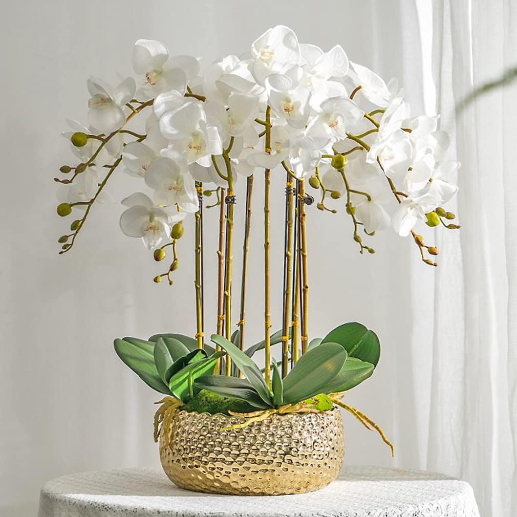 Artificial Orchid Plant, 35 Inch 4 Pcs Phalaenopsis Flowers with Leaves, Real Touch Orchid Stems for Home Decoration
