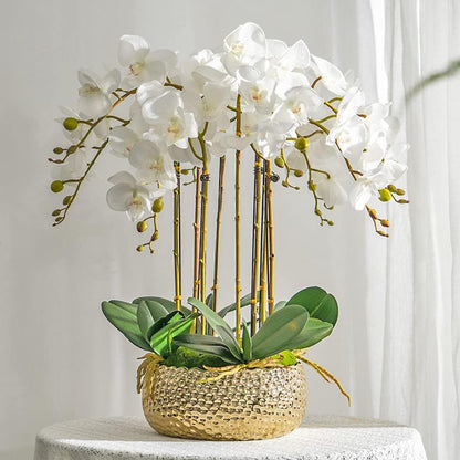 Artificial Orchid Plant, 35 Inch 4 Pcs Phalaenopsis Flowers with Leaves, Real Touch Orchid Stems for Home Decoration
