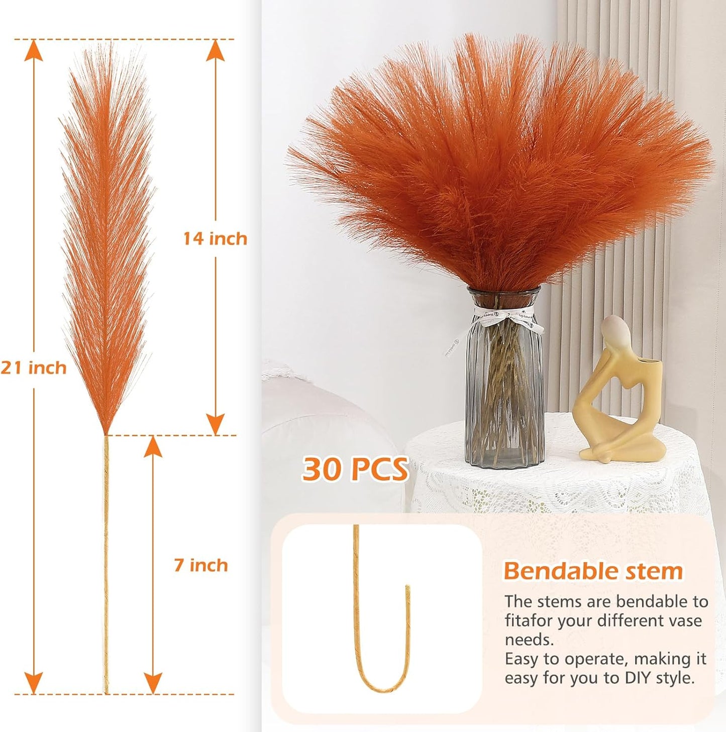 Pampas Grass Decor 30 Pcs 21.7 Inch Faux Brown Pampas Grass Bulk Artificial Dried Flowers Small Vase Filler Pompas Grass.