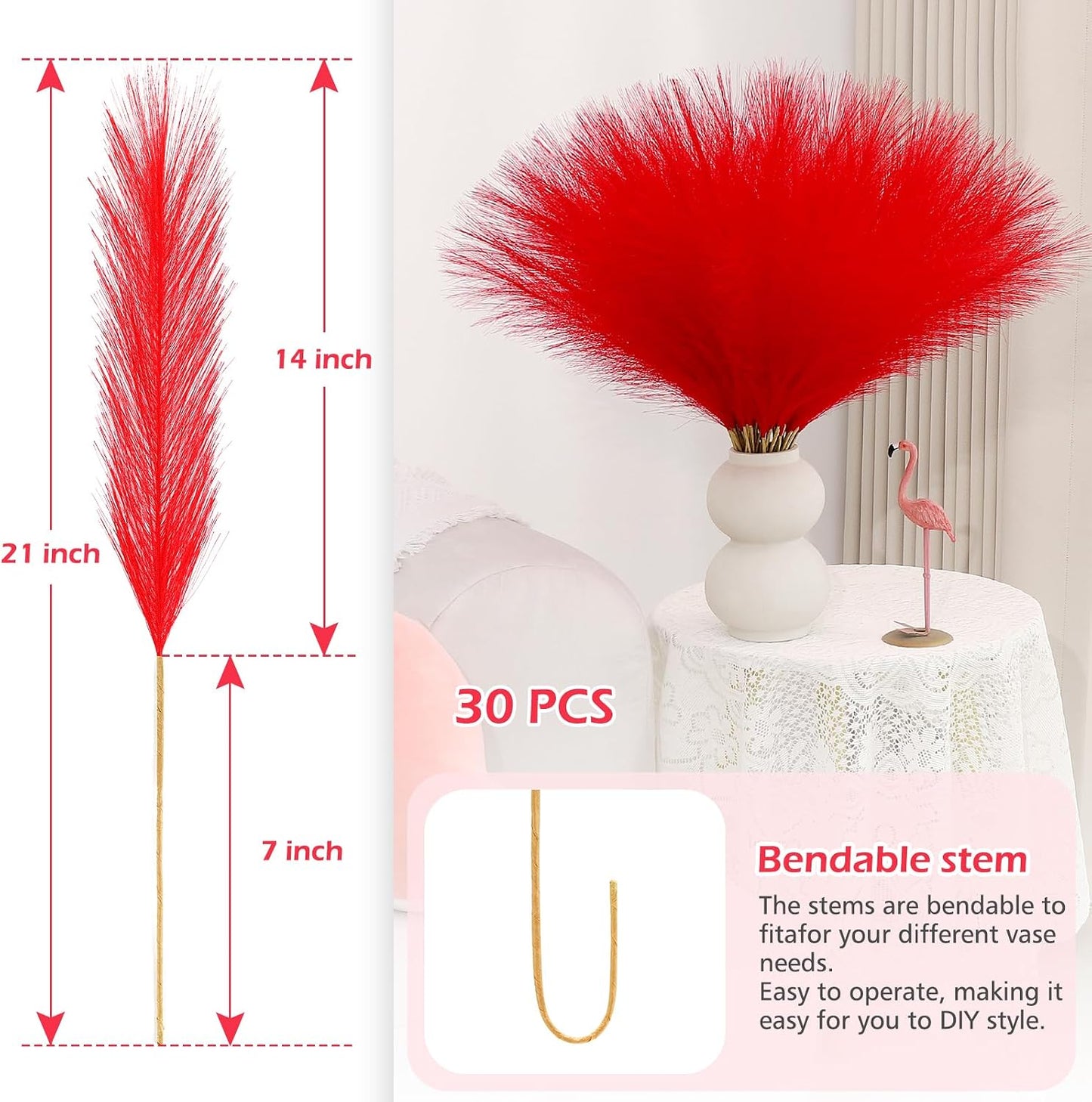 Pampas Grass Decor 30 Pcs 21.7 Inch Faux Brown Pampas Grass Bulk Artificial Dried Flowers Small Vase Filler Pompas Grass.