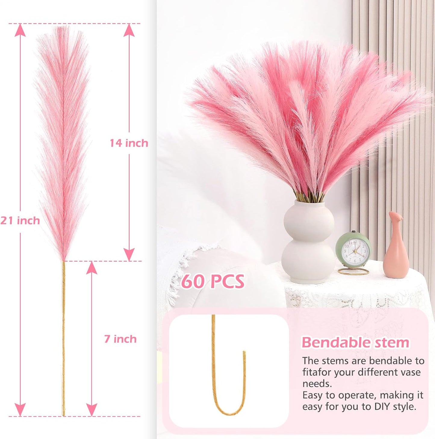 Pampas Grass Decor 30 Pcs 21.7 Inch Faux Brown Pampas Grass Bulk Artificial Dried Flowers Small Vase Filler Pompas Grass.