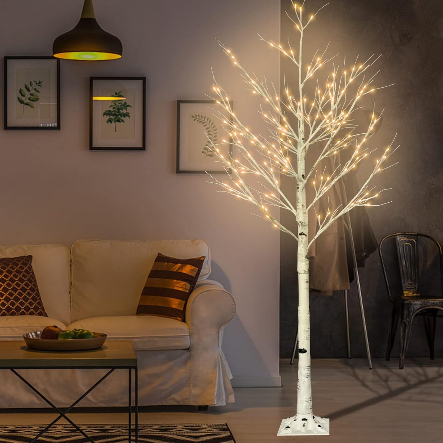 6FT Lighted Birch Tree with 160 LEDs Warm White Lights, 8 Functions Remote Faux Tree with Lights for Indoor Outdoor Summer Christmas Holiday Party Decoration