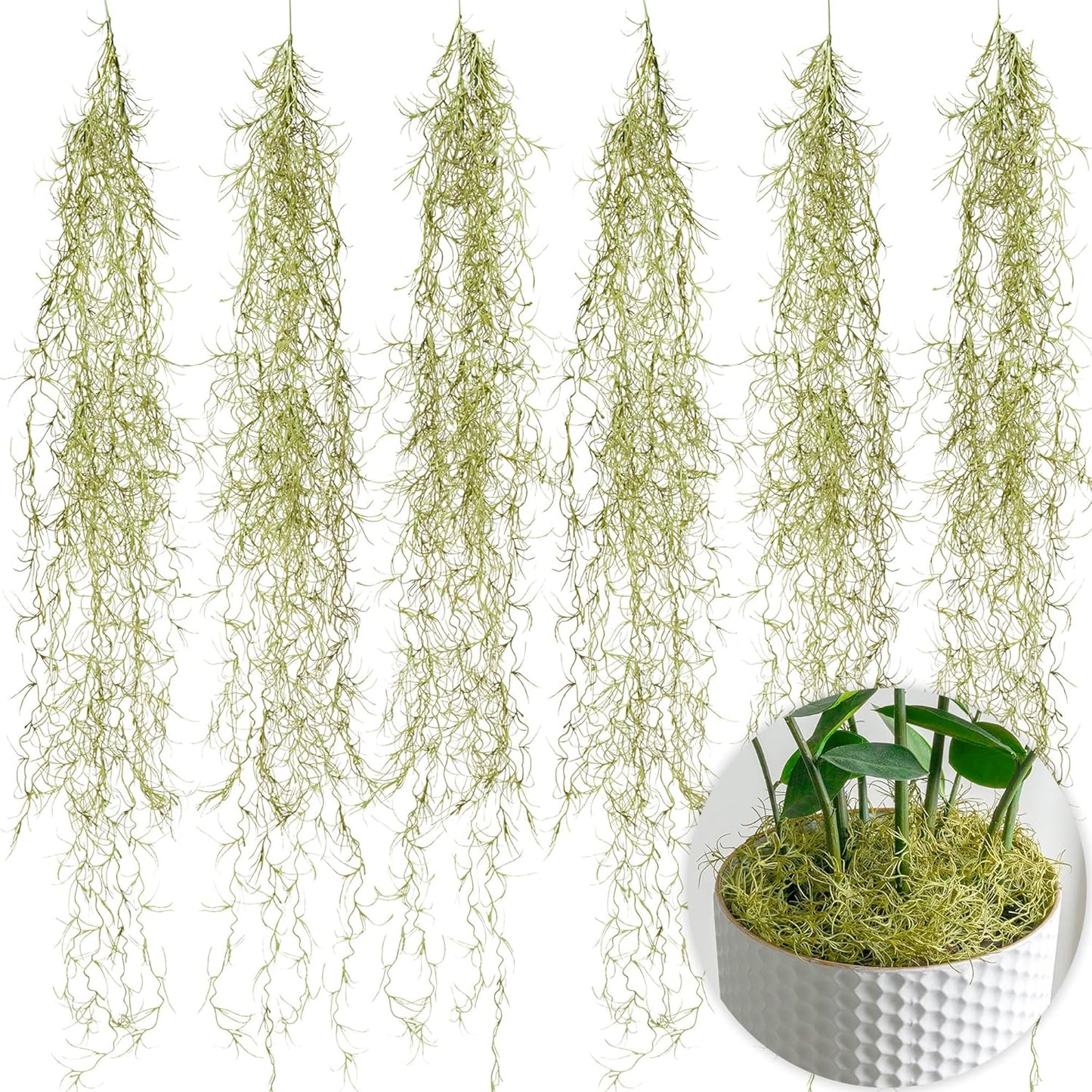 Spanish Moss - Moss Decor, 6 Pack, 33-Inch | 33" strands, fake moss for plants indoor, crafts & DIY arrangements. Realistic faux spanish moss style vines