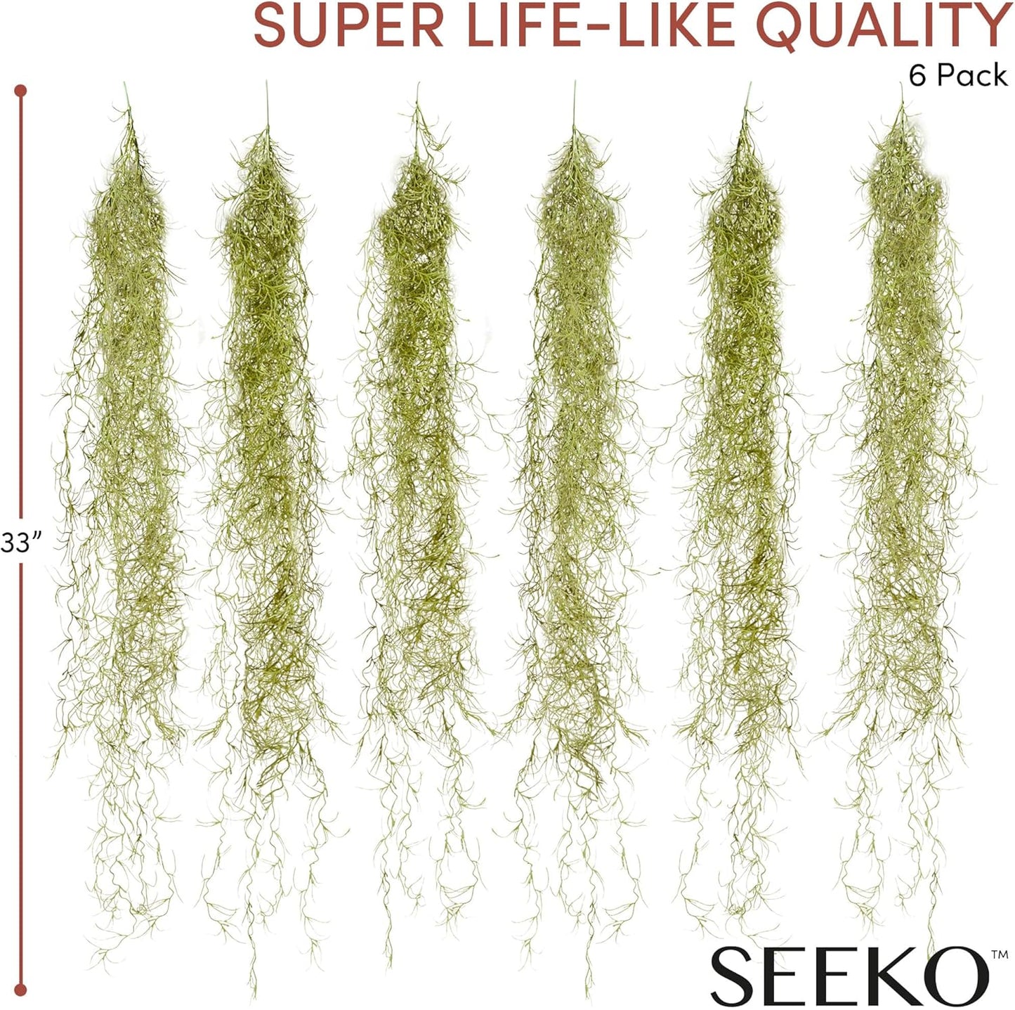 Spanish Moss - Moss Decor, 6 Pack, 33-Inch | 33" strands, fake moss for plants indoor, crafts & DIY arrangements. Realistic faux spanish moss style vines