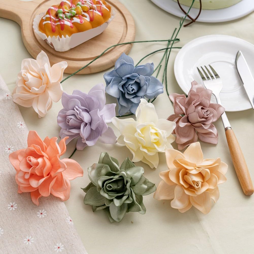 5pcs Artificial Gardenia Flowers EVA Fake Flower Heads with Stems for DIY Wedding Bouquets Party Home Centerpieces Decor (White)